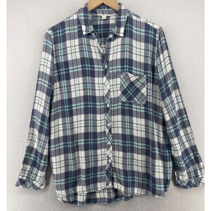 BEACH LUNCH LOUNGE Top XL Plaid Shirt Button Front Long Sleeve Rayon Gray